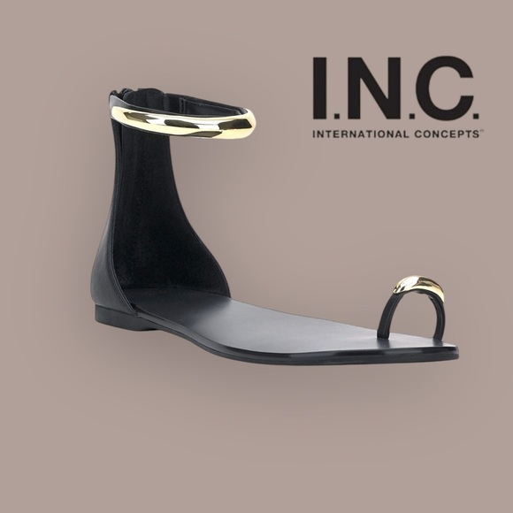 INC International Concepts Shoes - INC Black and Gold Ankle Strap Sandals, NEW